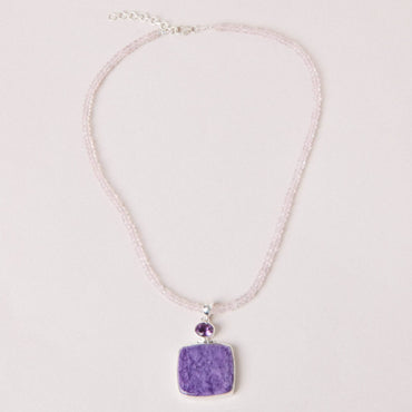 Charoite & Amethyst Square Pendant Necklace