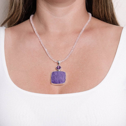 Charoite & Amethyst Square Pendant Necklace