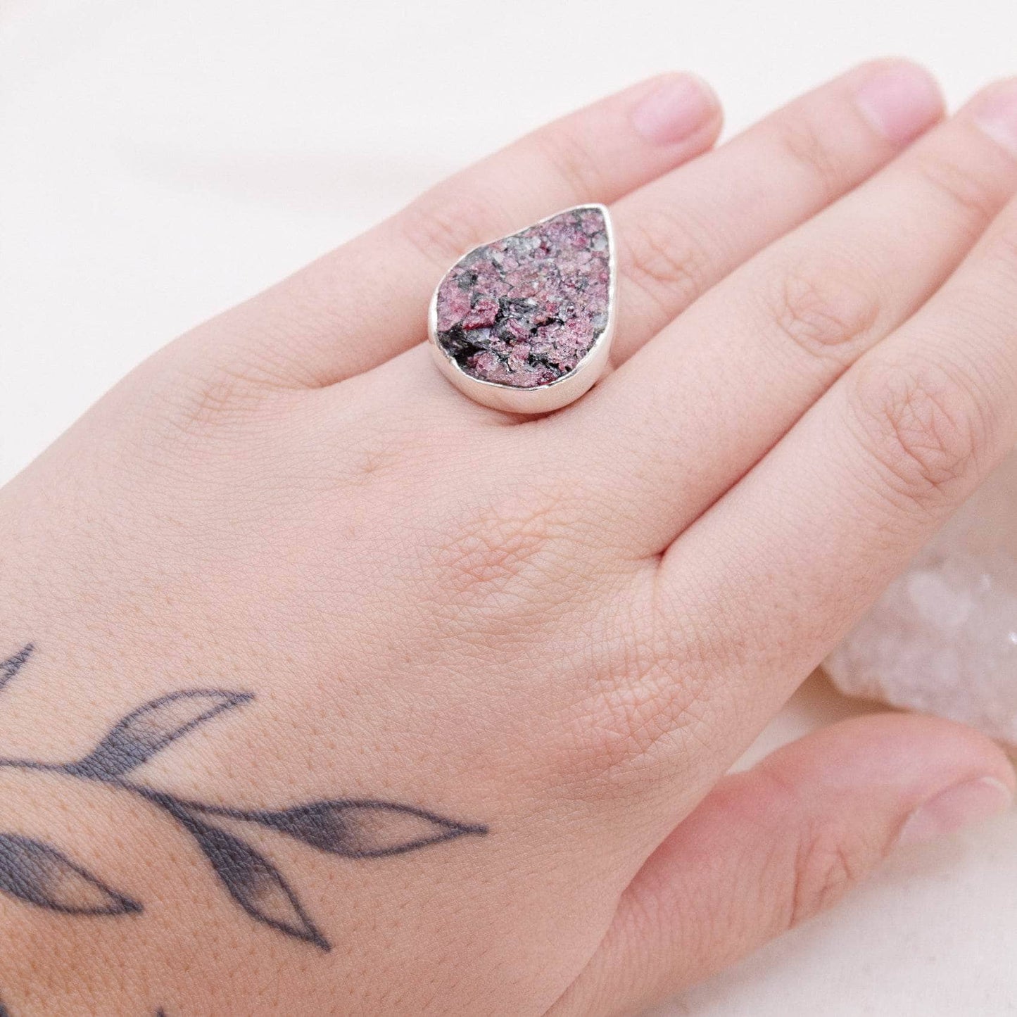 Rare Eudialyte Druzy Adjustable Teardrop Ring