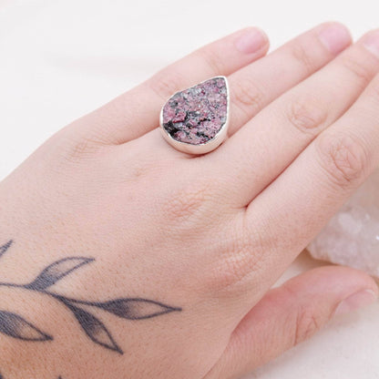 Rare Eudialyte Druzy Adjustable Teardrop Ring