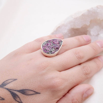 Rare Eudialyte Druzy Adjustable Teardrop Ring