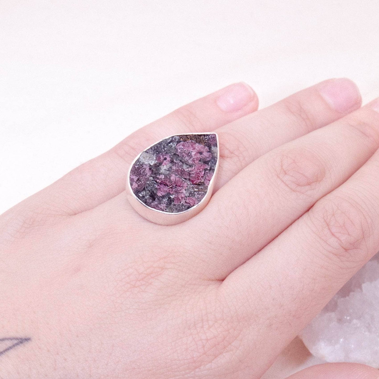 Rare Eudialyte Druzy Adjustable Teardrop Ring